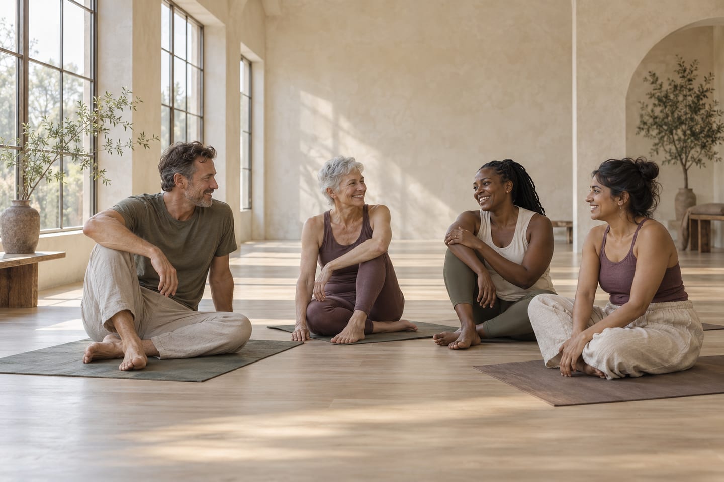 Four adults sharing a relaxed moment on yoga mats in a sunlit studio; an illustration of a possible community.